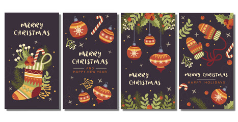 Fototapeta na wymiar set of dark vertical christmas banners with new year items in story patterns hand drawn illustration vector