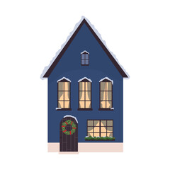 Winter house with Christmas decoration. Exterior with festive wreath and mistletoe, traditional Christmas home decor. Flat vector illustration isolated on white background