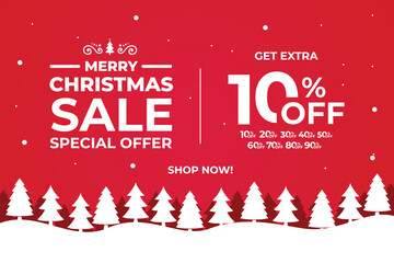 New year sale. Christmas sale label with sale precentage. Horizontal posters, greeting cards, header, website. Red Card with Christmas snowflakes. Card or Christmas themed invitations.