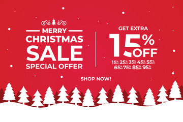 New year sale. Christmas sale label with sale precentage. Horizontal posters, greeting cards, header, website. Red Card with Christmas snowflakes. Card or Christmas themed invitations.