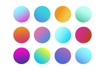 Set of circular gradients, sphere buttons. Multicolored green, violet, yellow, orange, pink, red, violet, blue, smooth circular gradient, colorful soft round buttons, bright colored.