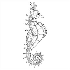 Fototapeta na wymiar Seahorse coloring page outline. Stylized hand drawn line art with beautiful details. 