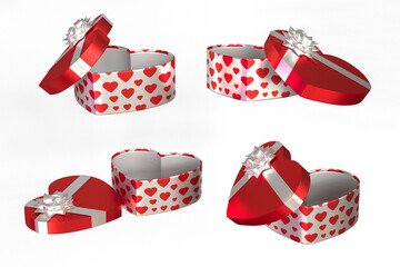 Box heart shaped. Festive gift wrap in the shape of a heart. Romantic gift box. A set of colorful heart-shaped gift boxes with bows and ribbons. Open. 3D Render. Isolated on white background.