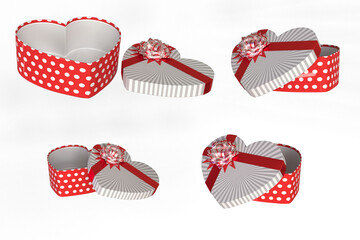 Box heart shaped. Festive gift wrap in the shape of a heart. Romantic gift box. A set of colorful heart-shaped gift boxes with bows and ribbons. Open. 3D Render. Isolated on white background.