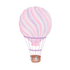 Watercolor illustration. Hand painted hot air balloon in purple, pink colors with basket, ropes, bags. Flying in the air transport. Isolated clip art for prints, travel posters, tourism banners