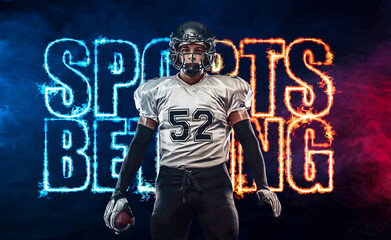 Sports betting on american football. Sportsman with ball in helmet on stadium in action. Bets in...