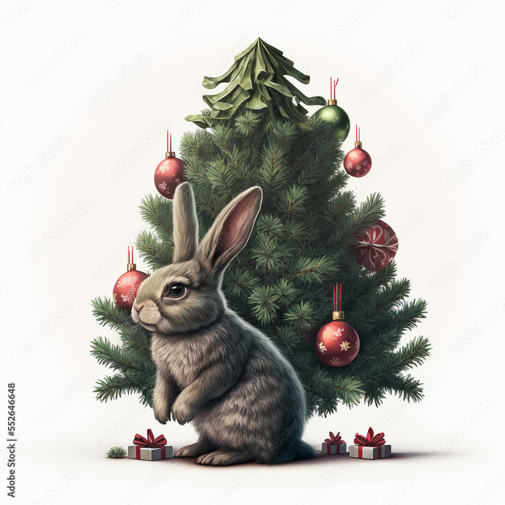 Wall mural cute new year bunny next to christmas tree on monochrome white background