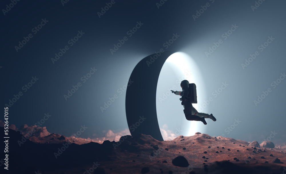 Sticker astronaut on alien planet entering spacetime portal light