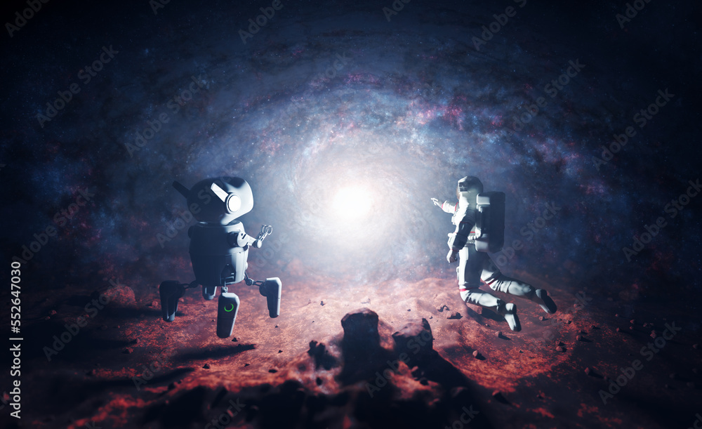 Poster astronaut and ai robot explore alien planet.
