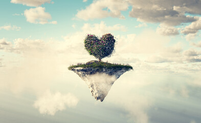 Heart shape tree on floating island in clouds