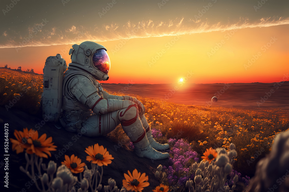 Poster beautiful astronaut sitting in in a field of flowers on a different planet. generative ai