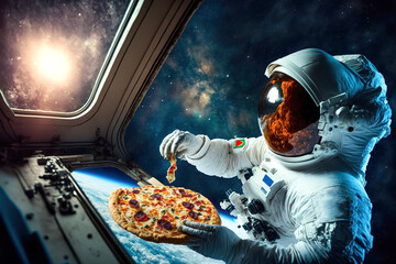 An astronaut eats pizza on a space station overlooking space. Generative AI
