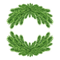 Christmas decorative wreath frame with coniferous branches isolated on white background. Template for a banner, poster, invitation