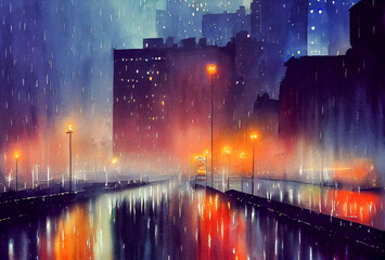 Evening city with dark blue sky and street lights. Raining, generative ai illustration in watercolor style