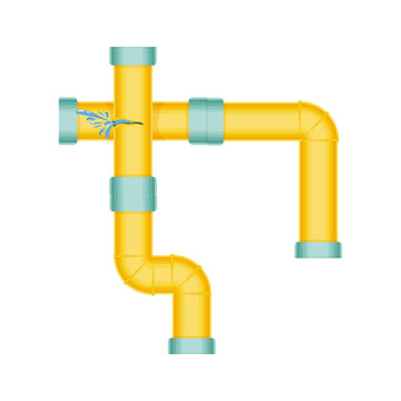 Broken pipes with a leak of steam or lead gas, rupture of the pipeline. Dripping faucet, problems with water supply, broken pipes. Wind illustration isolated on white background.