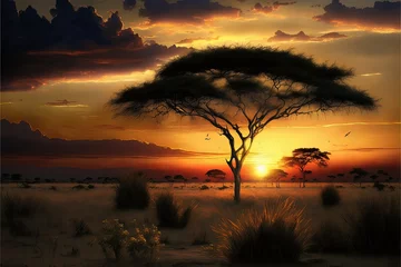 Rolgordijnen Digital Art of African Savannah with Sunrise or Sunset © Carl & Heidi