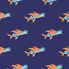 Cartoon pattern of flying fish on a blue background for printing and design.Vector illustration.