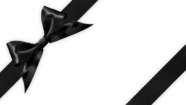 Black bright ribbon bow tape isolated on transparent background, top view, copy space for gift greeting card, Merry Christmas and Black friday  banner or promotion shopping advertising