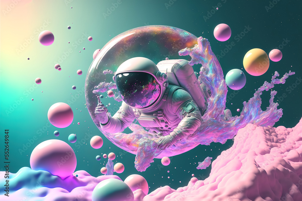 Poster beautiful painting of an astronaut in in a colorful bubbles galaxy on a different planet. generative