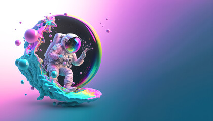 Beautiful painting of an astronaut in in a colorful bubbles galaxy on a different planet. Generative AI. Pop art concept