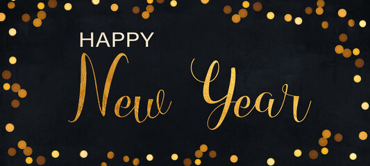 Fototapeta na wymiar Happy New Year 2024 New Year's Eve Sylvester celebration holiday greeting card with text - Frame made of gold bokeh lights Collage on dark black night sky