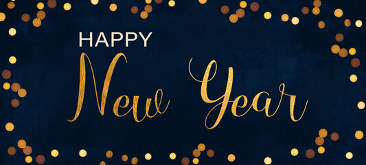 Fototapeta na wymiar Happy New Year 2024 New Year's Eve Sylvester celebration holiday greeting card with text - Frame made of gold bokeh lights Collage on dark blue night sky