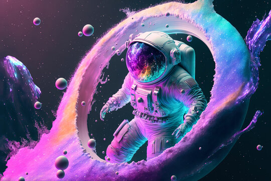 Beautiful painting of an astronaut in in a colorful bubbles galaxy on a different planet. Generative AI. Pop art concept