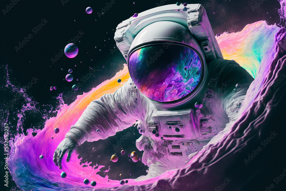 Poster beautiful painting of an astronaut in in a colorful bubbles galaxy on a different planet. generative