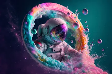 Beautiful painting of an astronaut in in a colorful bubbles galaxy on a different planet. Generative AI. Pop art concept © Tamara