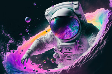 Beautiful painting of an astronaut in in a colorful bubbles galaxy on a different planet. Generative AI. Pop art concept - obrazy, fototapety, plakaty