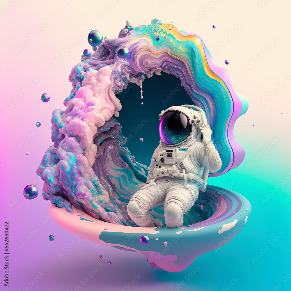 Poster beautiful painting of an astronaut in in a colorful bubbles galaxy on a different planet. generative