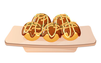 Takoyaki ball dumplings or Octopus balls. Japanese snack food in plate. Asian food. Colorful vector illustration isolated on white background.