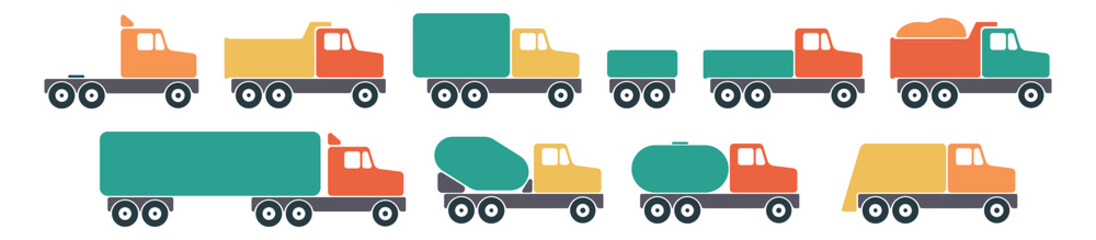 Set Cartoon Dump Truck Color Icon. Concrete Mixer. Tipper truck. Vector Garbage Truck. Moving Truck. Delivery truck. Commercial vehicle.