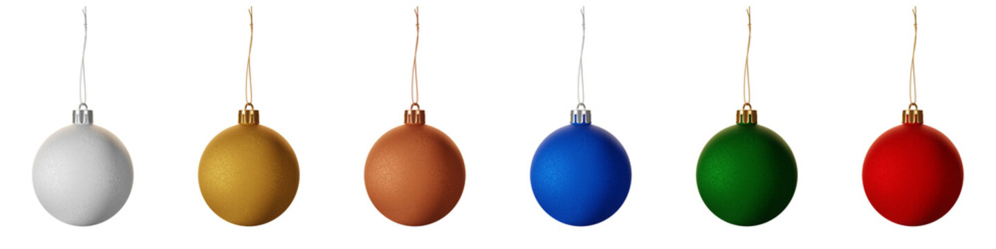 Silver, Gold, Rose Gold, Blue, Green And Red Christmas Bauble Tree Decorations Isolated Against A Transparent Background.