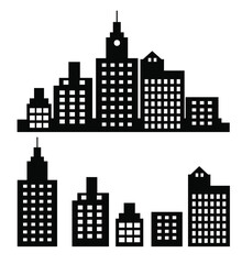 A flat black skyscraper and low-rise building silhouette