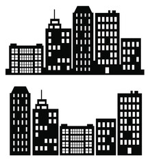 A flat black skyscraper and low-rise building silhouette