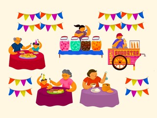 Filipino fiesta scene with samalamig vendor, sorbetes cart vendor, and people dining outdoors, with banderitas decorationon cream background