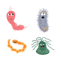 Collection of colorful bacteria and viruses with different emotions. Funny cartoon microbes.