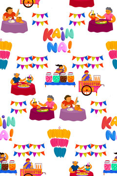 Filipino fiesta scene pattern on people eating outdoors with samalamig beverage vendor and sorbetes cart, with banderitas and kiping centerpiece, and lettering of "Kain na!" (Let's Eat!)