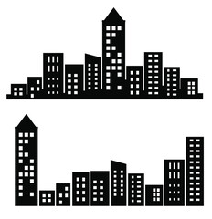 A flat black skyscraper and low-rise building silhouette