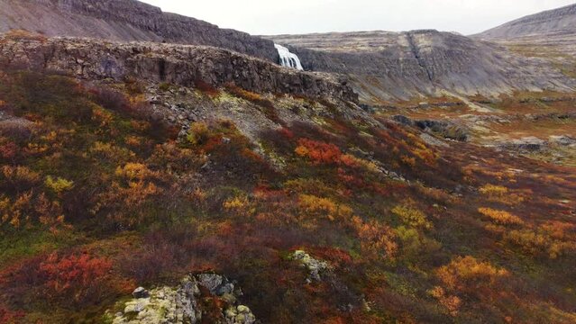 Aerial flight over Dynjandi waterfall, Iceland nature