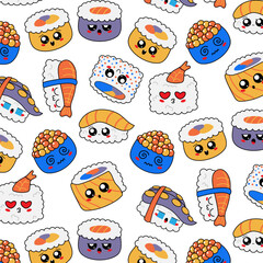 Background Kawaii sushi, rolls, sashimi - colored seamless pattern, print. Traditional Japanese or Asian food, restaurant or bar social media decoration, cute cartoon emoticon