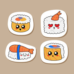 Hand drawn various kawaii sushi. Color vector set. Asian food