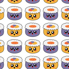 Background Kawaii sushi, rolls, sashimi - colored seamless pattern, print. Traditional Japanese or Asian food, restaurant or bar social media decoration, cute cartoon emoticon