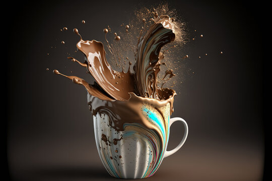 Hot morning coffee in white cup. Coffee fragrant drink splashed with liquid splash on brown background. Banner design. Generative AI