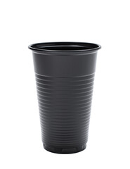 Black plastic disposable cup on a white background. isolated object