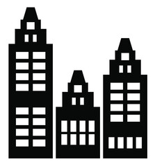 A flat black skyscraper and low-rise building silhouette set