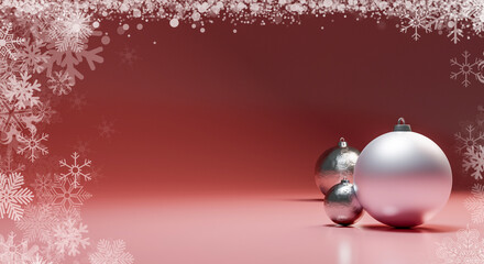 Art Christmas banner or greeting card design. Christmas tree balls on blue snow background. Wide...