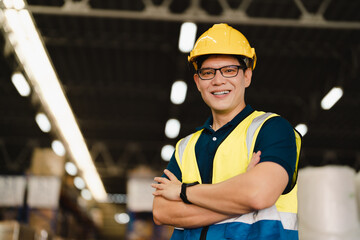 Portrait of Asian man warehouse supervisor working distribution warehouse to and managing inventory and logistics. Industrial inspector working in factory place.