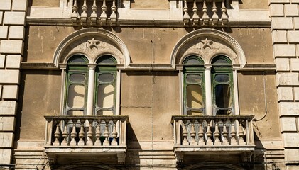 Modica, Sicily. An old building in the downtown, with stars as an unusual ornament in the windows...